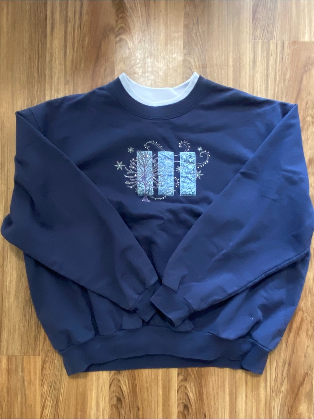 Vintage 90s Embroidered Winter Trees Sweatshirt Navy Blue Double Collar Crewneck